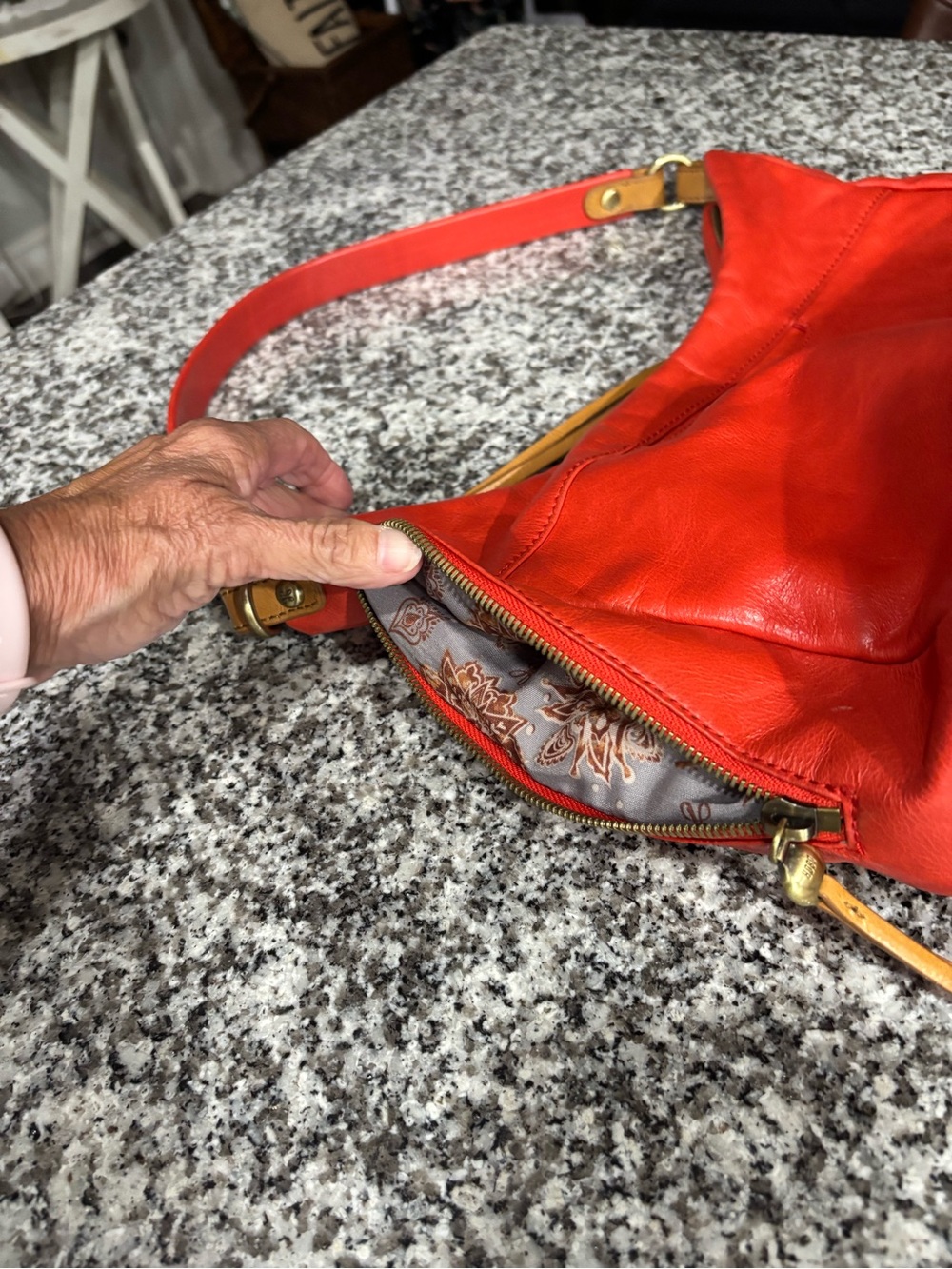 HOBO Red/Orange Leather Hobo Shoulder Bag with Tan Accent - Picture 8 of 9